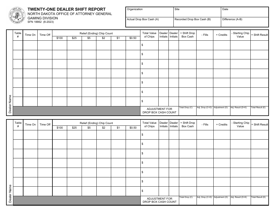 Form SFN18862 Twenty-One Dealer Shift Report - North Dakota, Page 1