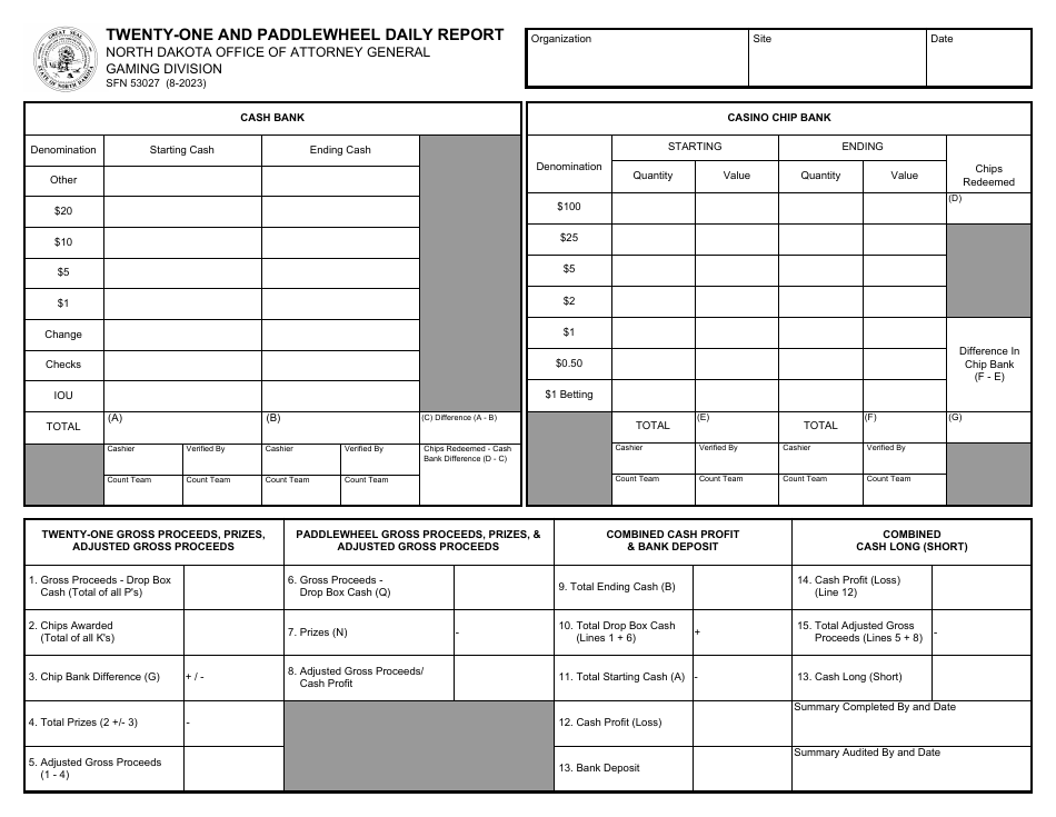 Form SFN53027 Twenty-One and Paddlewheel Daily Report - North Dakota, Page 1