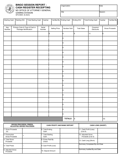 Form SFN9848 Bingo Session Report - Cash Register Receipting - North Dakota
