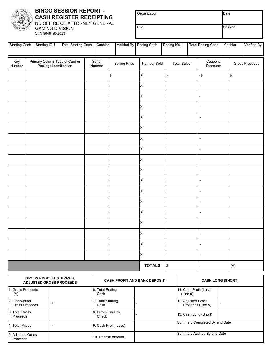 Form SFN9848 Bingo Session Report - Cash Register Receipting - North Dakota, Page 1