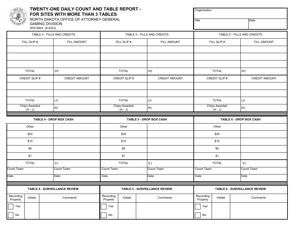 Form SFN9924 Twenty-One Daily Count and Table Report - for Sites With More Than 3 Tables - North Dakota, Page 1