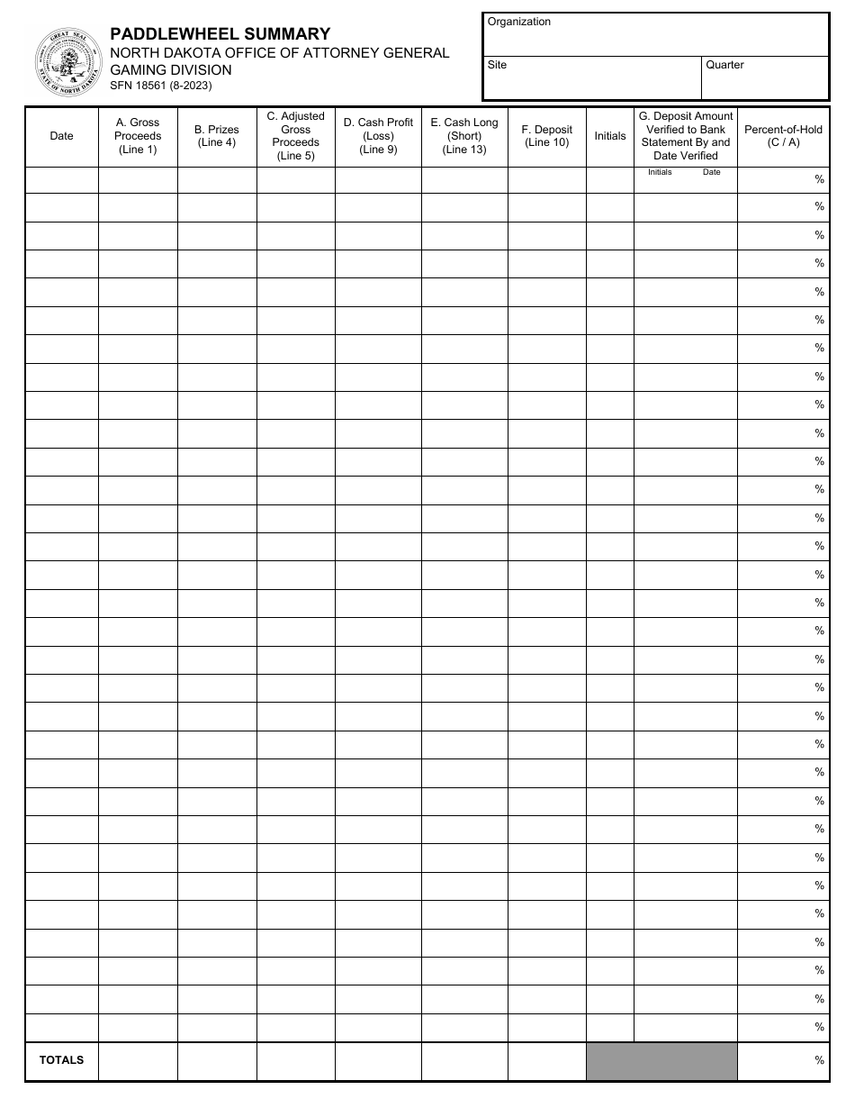 Form SFN18561 Paddlewheel Summary - North Dakota, Page 1