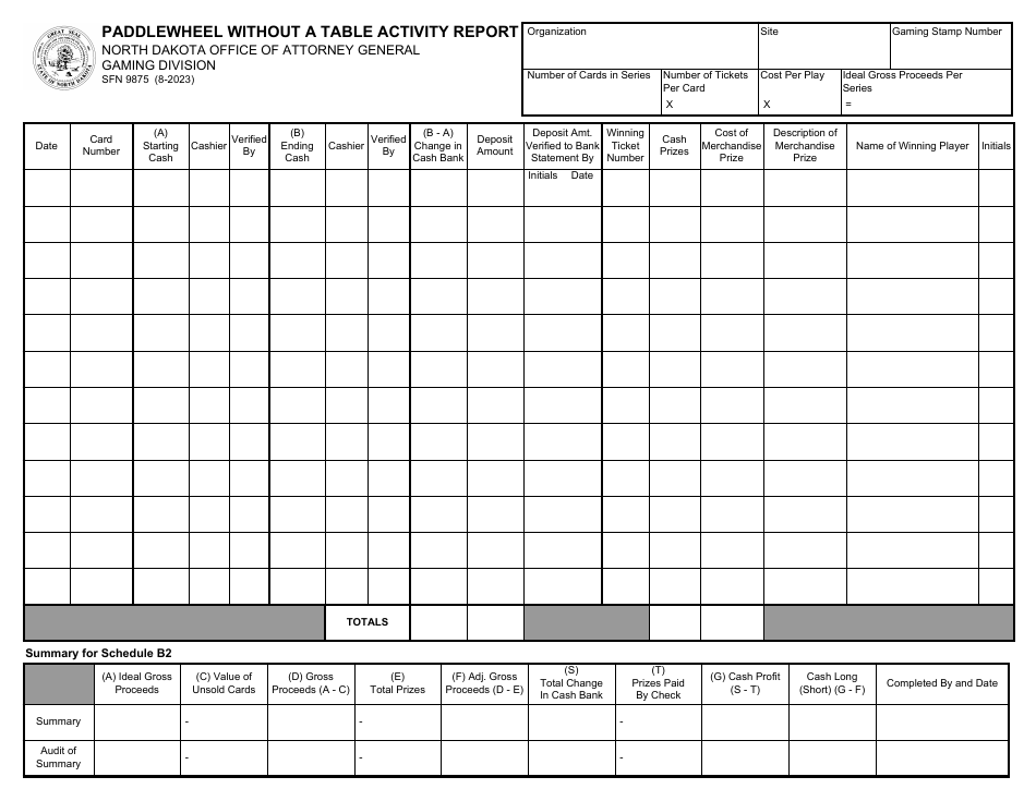 Form SFN9875 Paddlewheel Without a Table Activity Report - North Dakota, Page 1