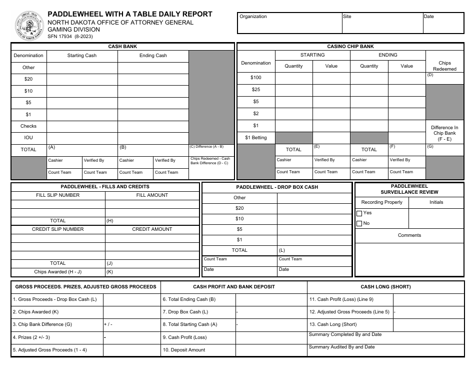 Form SFN17934 Paddlewheel With a Table Daily Report - North Dakota, Page 1