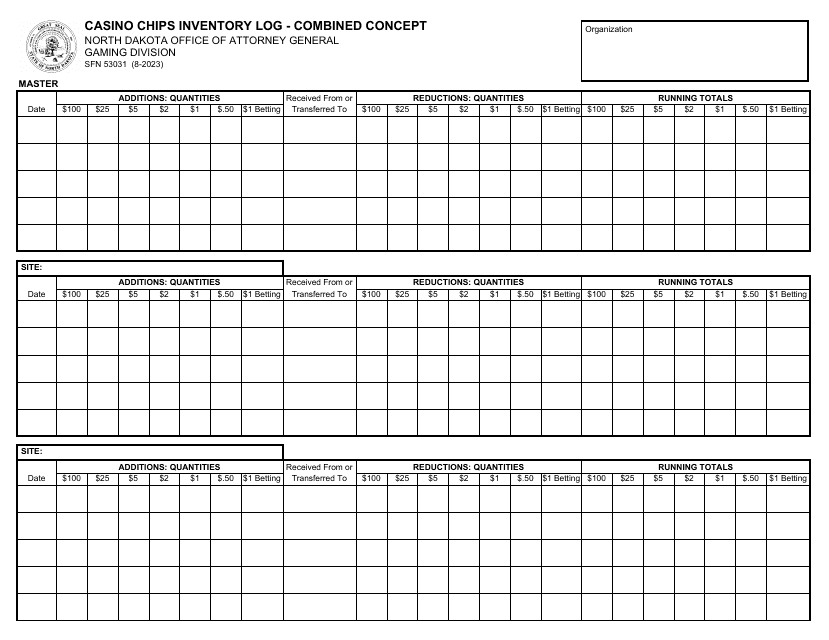 Form SFN53031 Casino Chips Inventory Log - Combined Concept - North Dakota