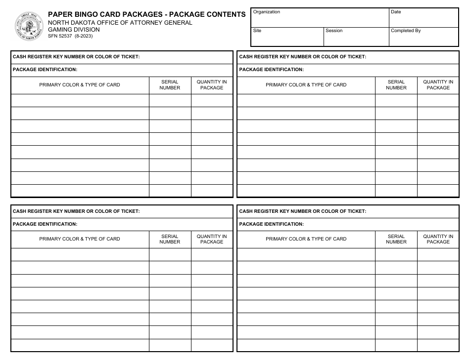 Form SFN52537 Paper Bingo Card Packages - Package Contents - North Dakota, Page 1
