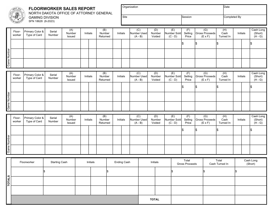 Form SFN18628 Floorworker Sales Report - North Dakota, Page 1