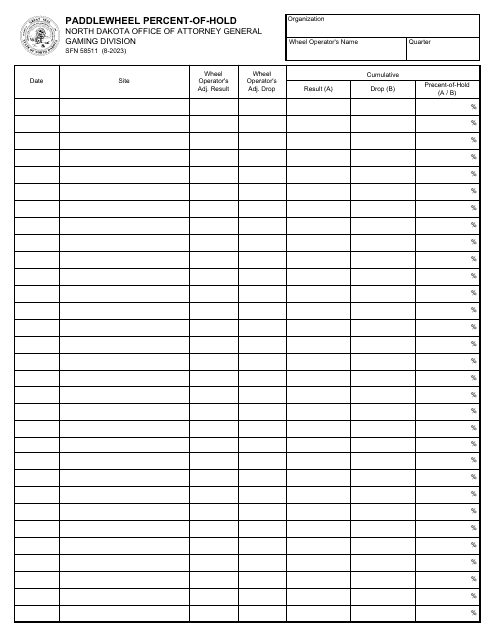 Form SFN58511 Paddlewheel Percent-Of-Hold - North Dakota
