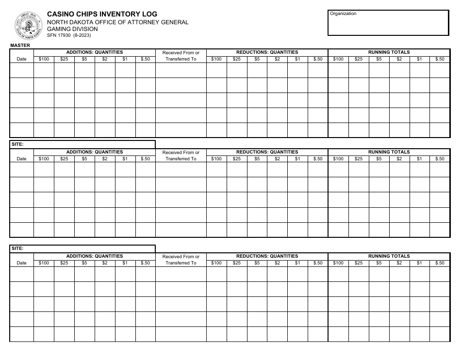 Form SFN17930 Casino Chips Inventory Log - North Dakota, Page 1