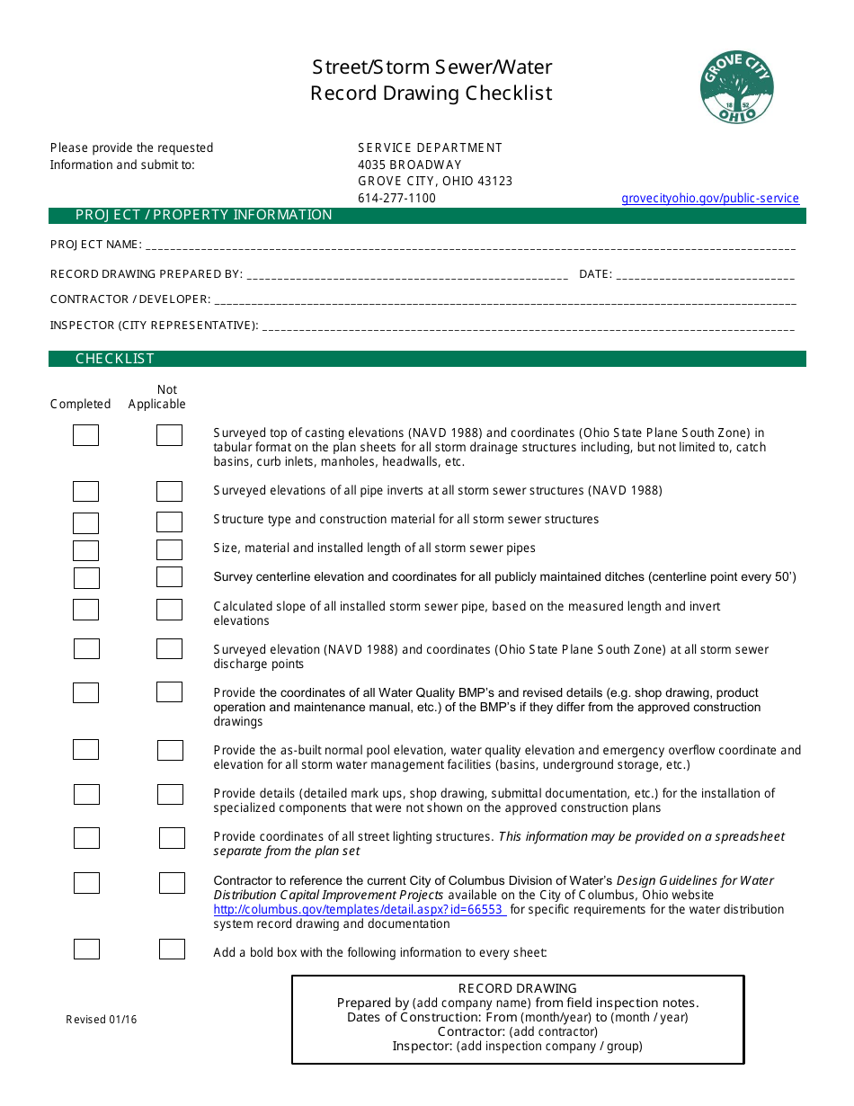Sanitary Sewer Record Drawing Checklist - Grove City, Ohio, Page 3