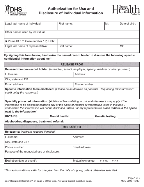 Form MCS2099 Authorization for Use and Disclosure of Information - Oregon