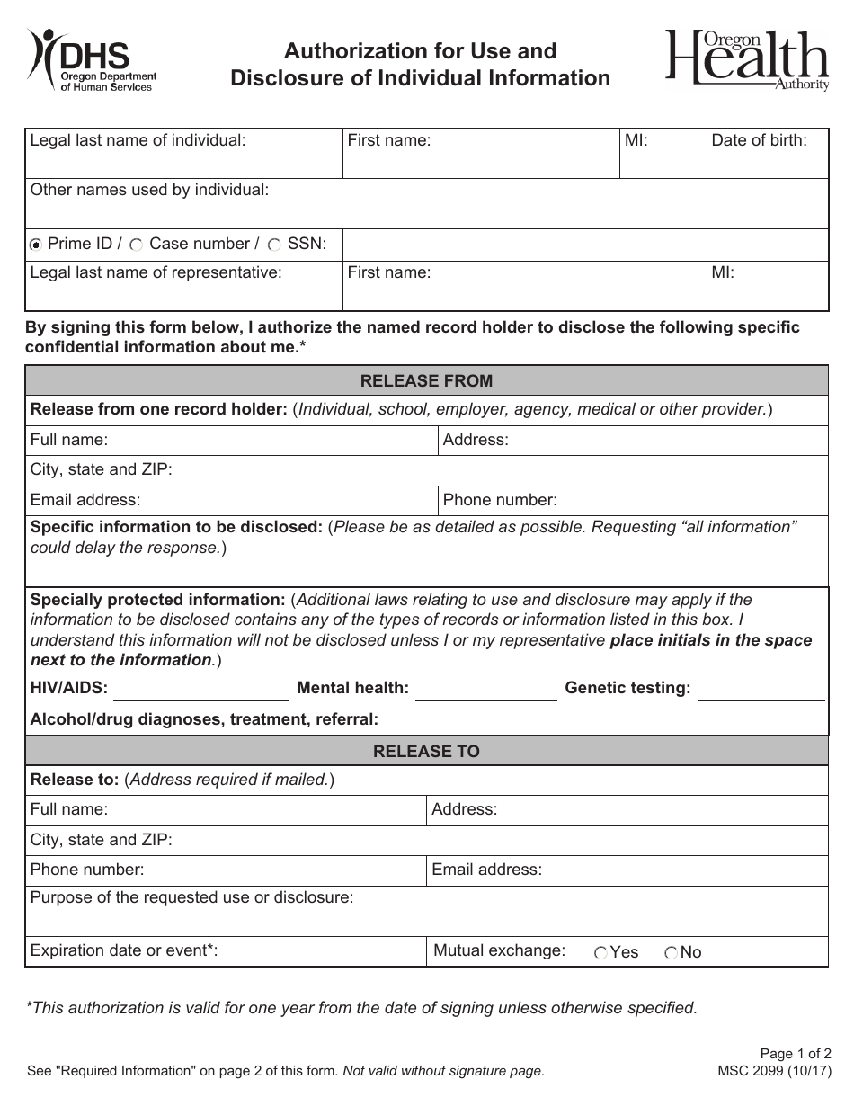Form MCS2099 Authorization for Use and Disclosure of Information - Oregon, Page 1