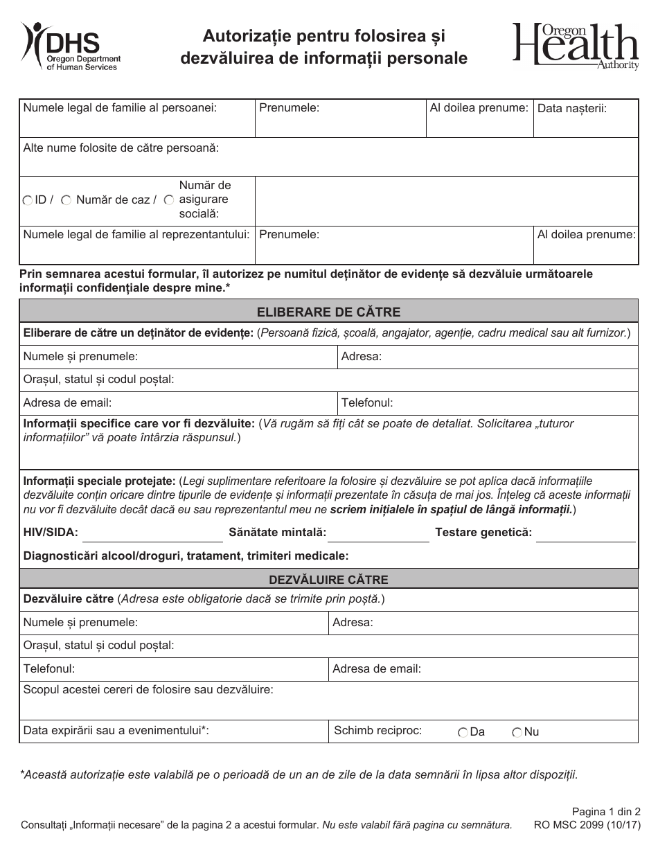 Form MCS2099 Authorization for Use and Disclosure of Information - Oregon (Romani), Page 1