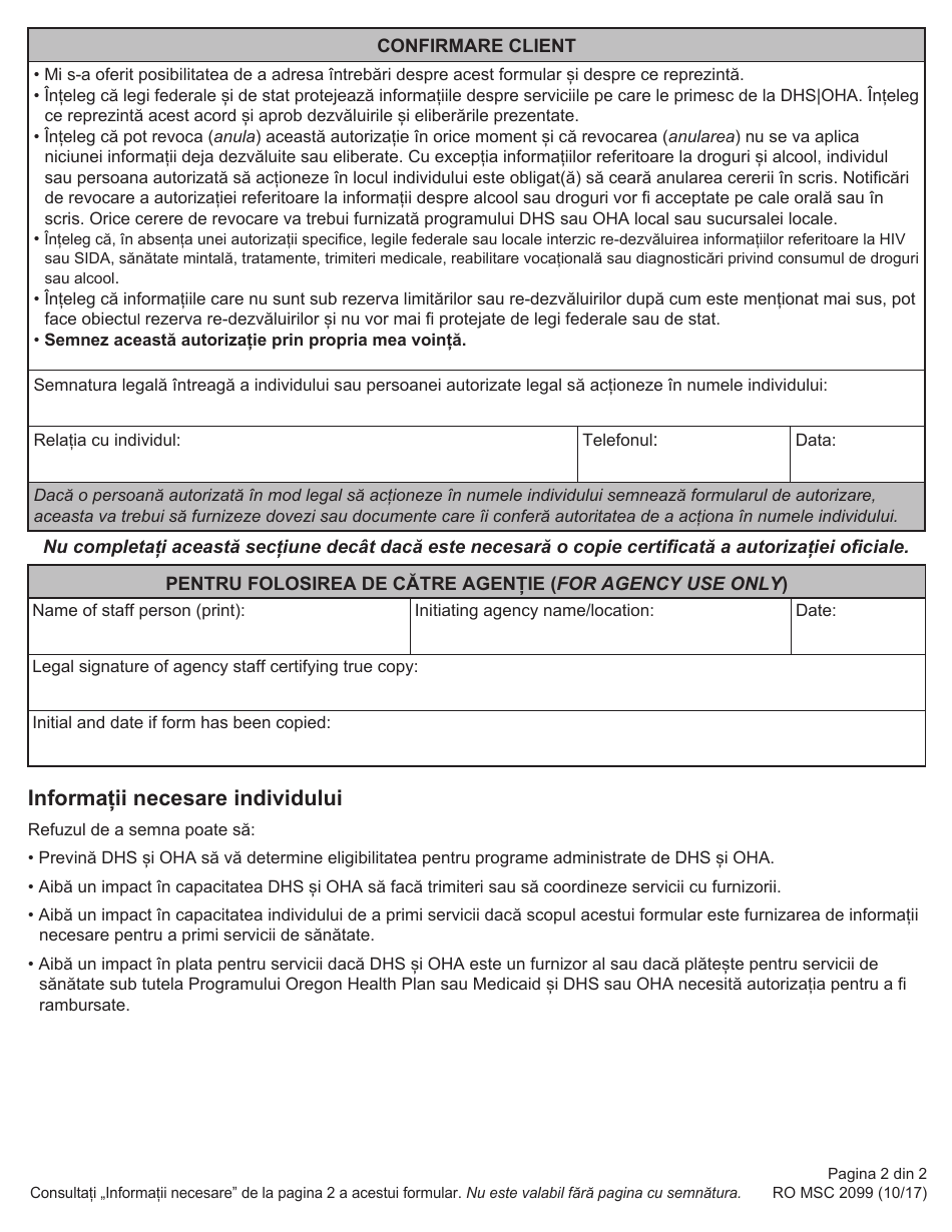 Form MCS2099 Authorization for Use and Disclosure of Information - Oregon (Romani), Page 2
