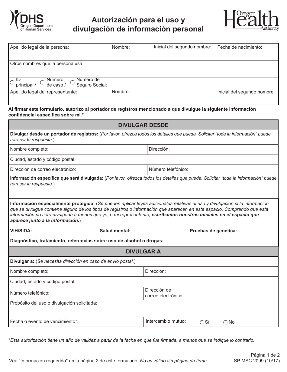 Formulario MSC2099 Autorizacion Para El Uso Y Divulgacion De Informacion Personal - Oregon (Spanish), Page 1