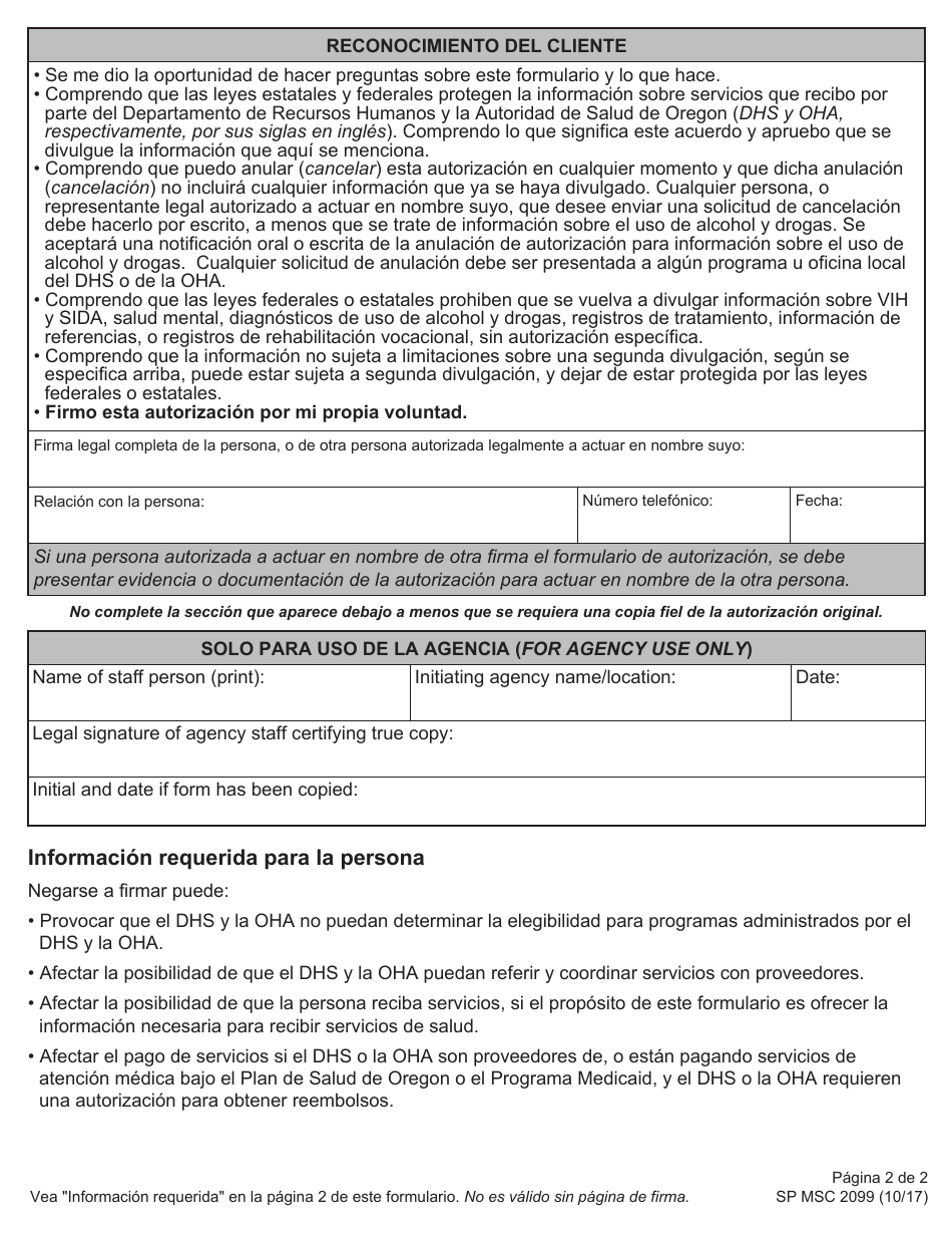 Formulario MSC2099 Autorizacion Para El Uso Y Divulgacion De Informacion Personal - Oregon (Spanish), Page 2