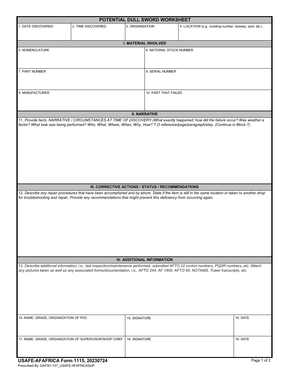 USAFE-AFAFRICA Form 1115 Potential Dull Sword Worksheet, Page 1