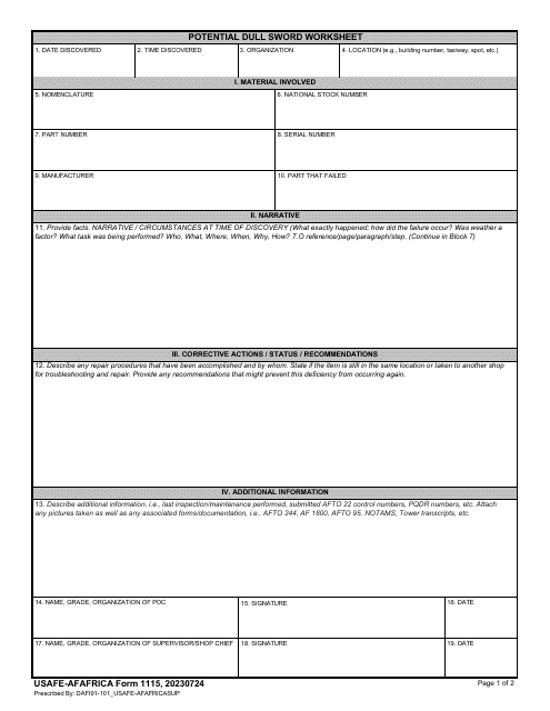 USAFE-AFAFRICA Form 1115 Potential Dull Sword Worksheet