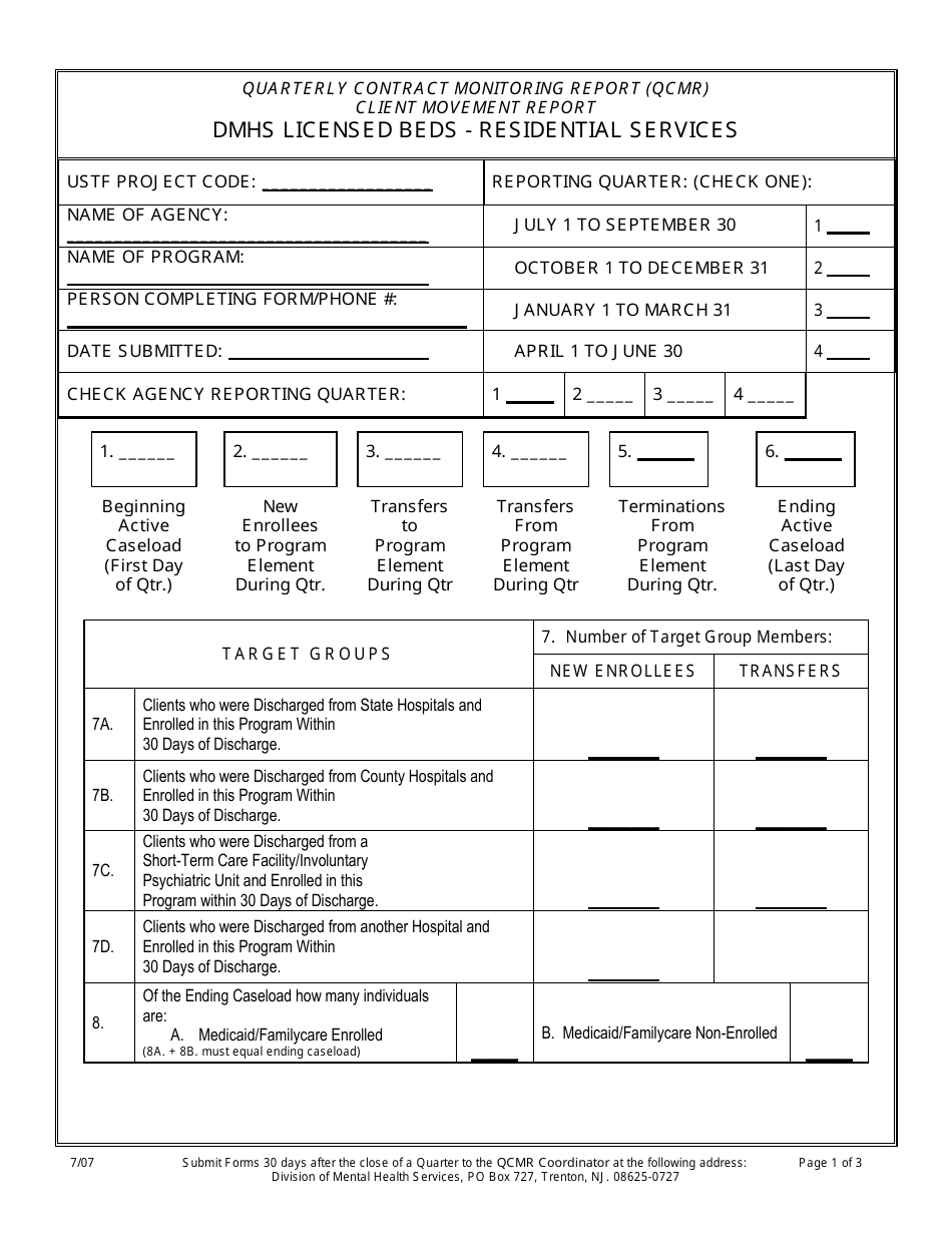 New Jersey Client Movement Report - Dmhs Licensed Beds - Residential