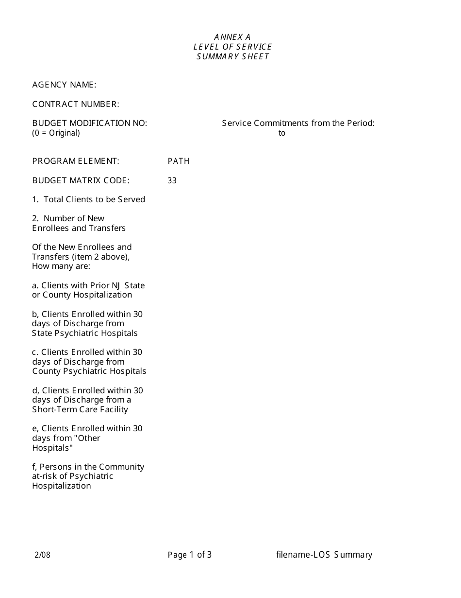 Annex A Level of Service Summary Sheet - New Jersey, Page 1
