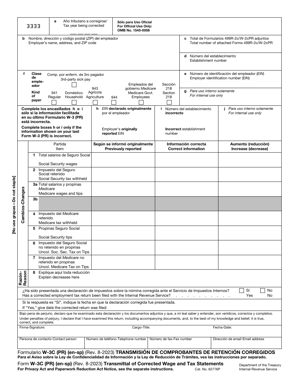 IRS Form W-3C (PR) Transmittal of Corrected Wage and Tax Statements (English / Puerto Rican Spanish), Page 1