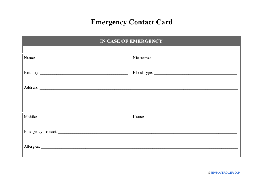 Emergency Contact Card Template - Free Download and Printable