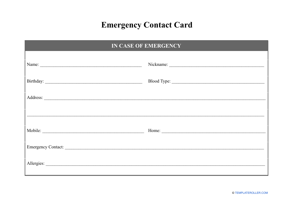 Emergency Contact Card Template - Free Download and Printable