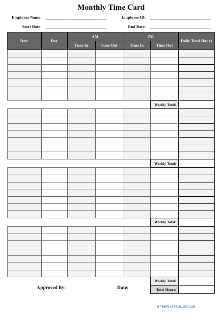 Monthly Time Card Template - Seven Columns