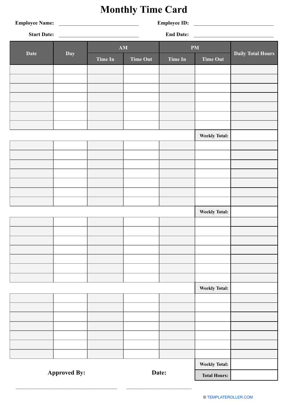Monthly Time Card Template - Seven Columns