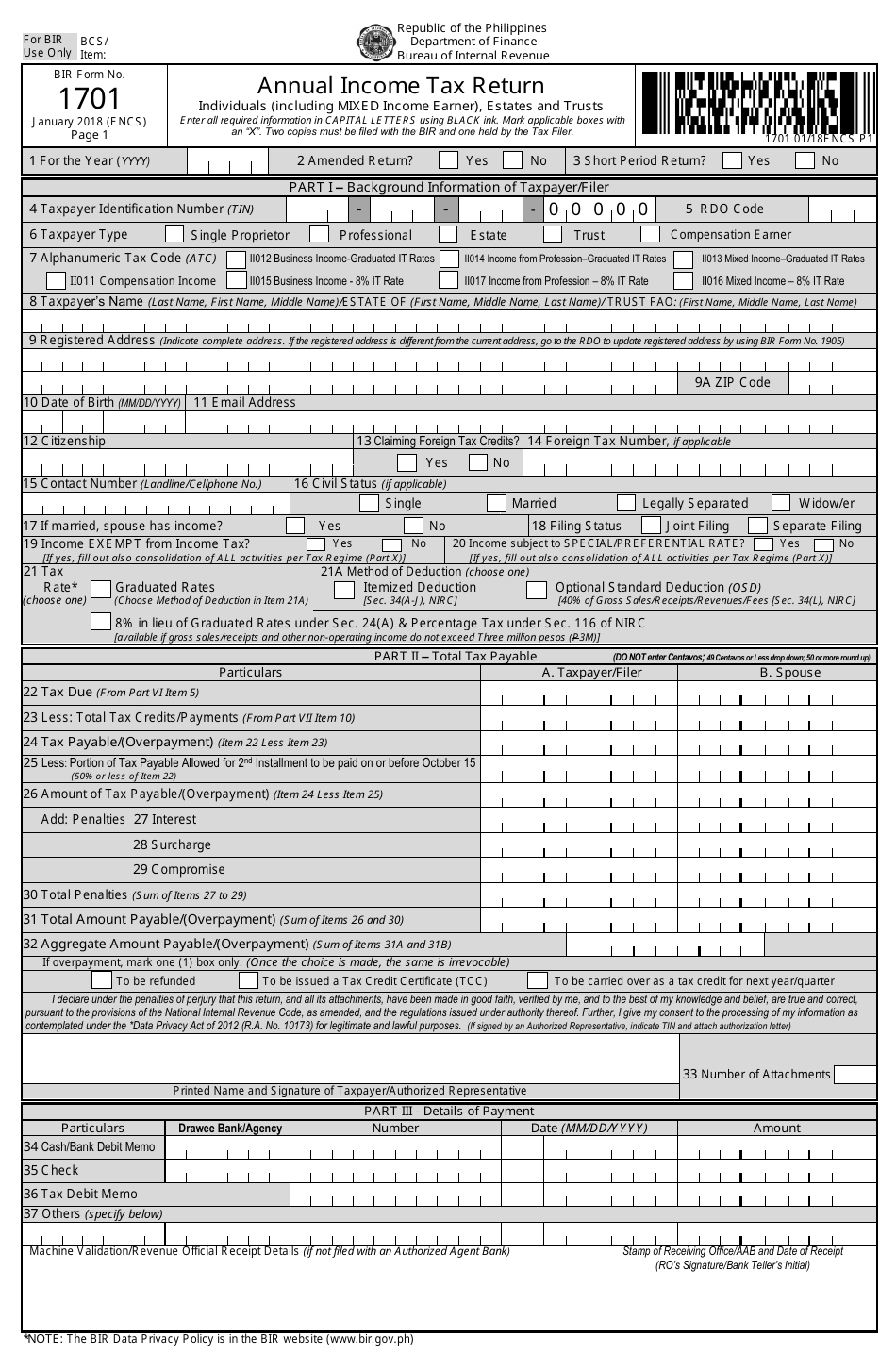 BIR Form 1701 Annual Income Tax Return - Philippines, Page 1