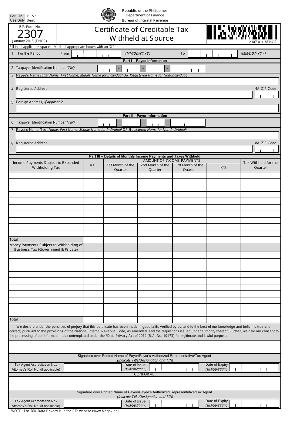 BIR Form 2307 Certificate of Creditable Tax Withheld at Source - Philippines, Page 1