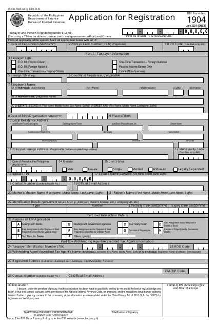 BIR Form 1904 Application for Registration - Philippines