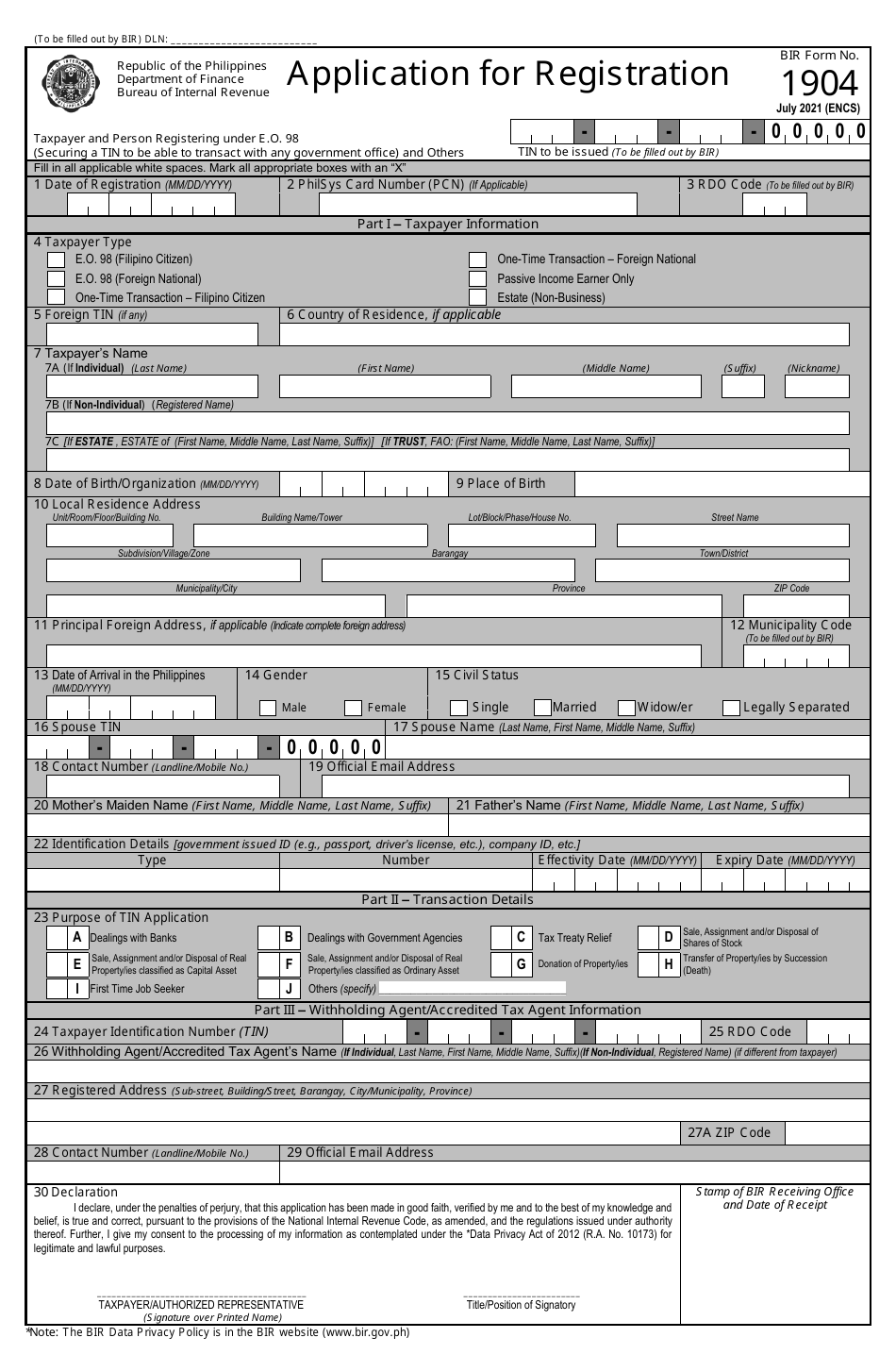 BIR Form 1904 Application for Registration - Philippines, Page 1