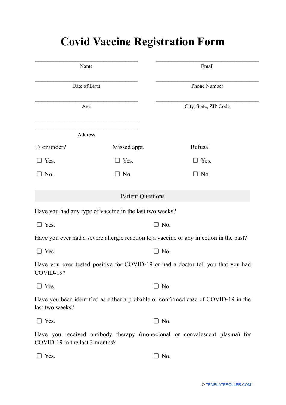 Covid Vaccine Registration Form, Page 1