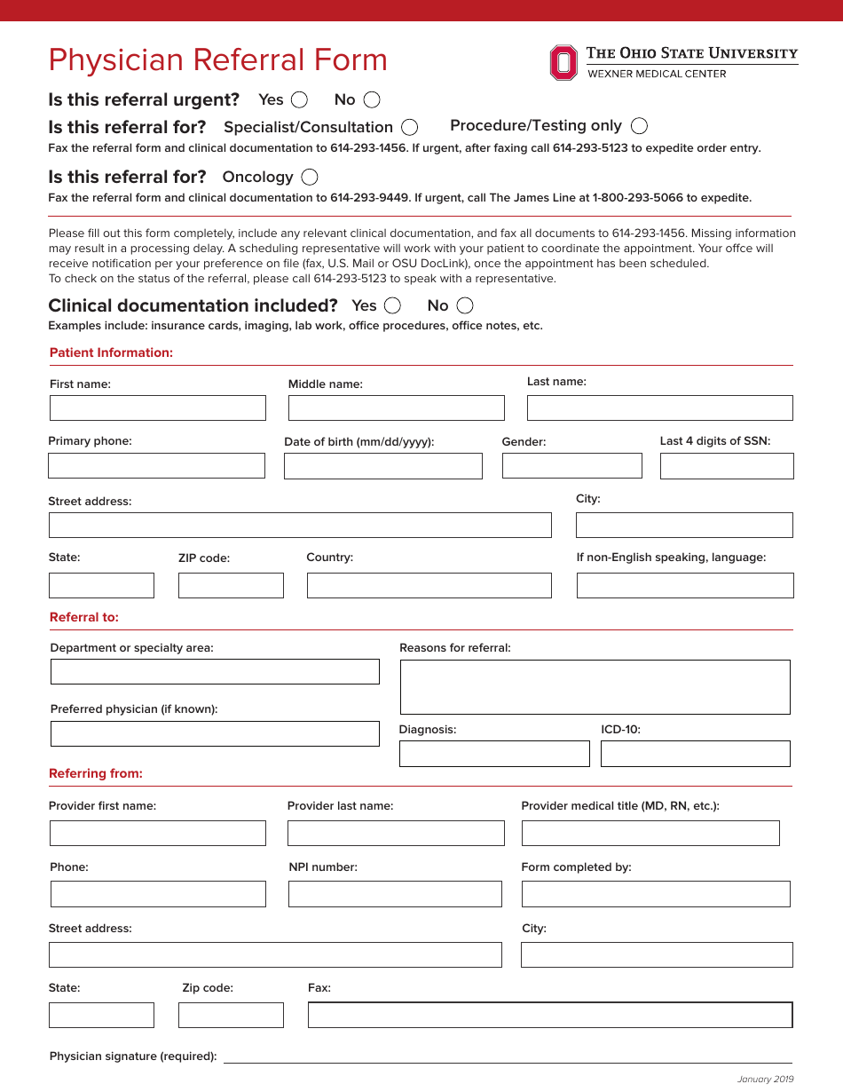 Physician Referral Form -the Ohio State University, Wexner Medical Center, Page 1
