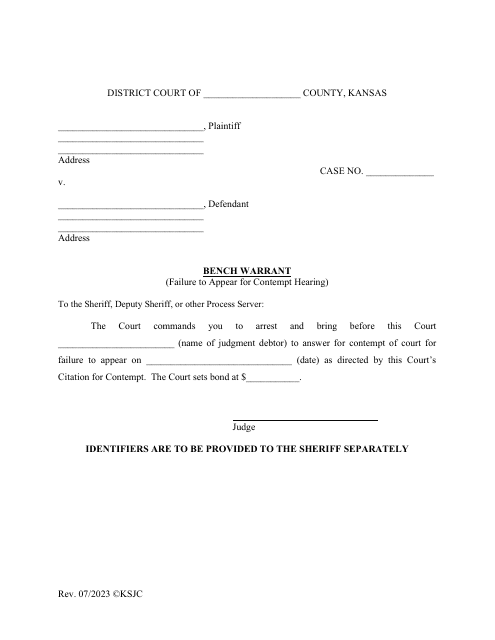 Bench Warrant (Failure to Appear for Contempt Hearing) - Kansas Download Pdf