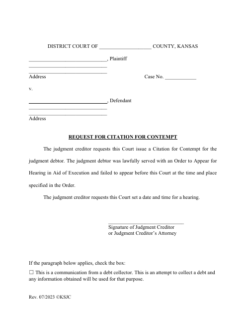 Request for Citation for Contempt - Kansas Download Pdf