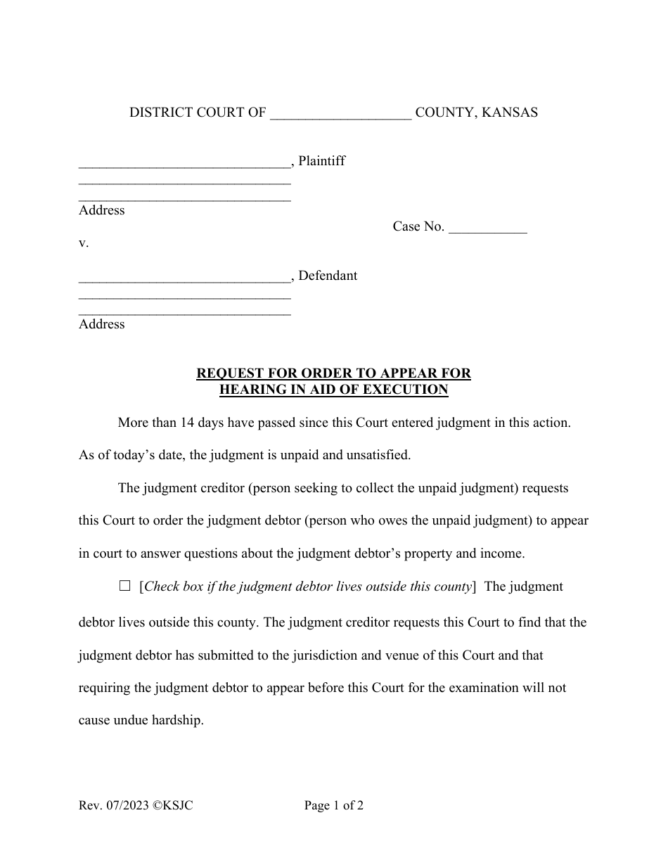 Request for Order to Appear for Hearing in Aid of Execution - Kansas, Page 1