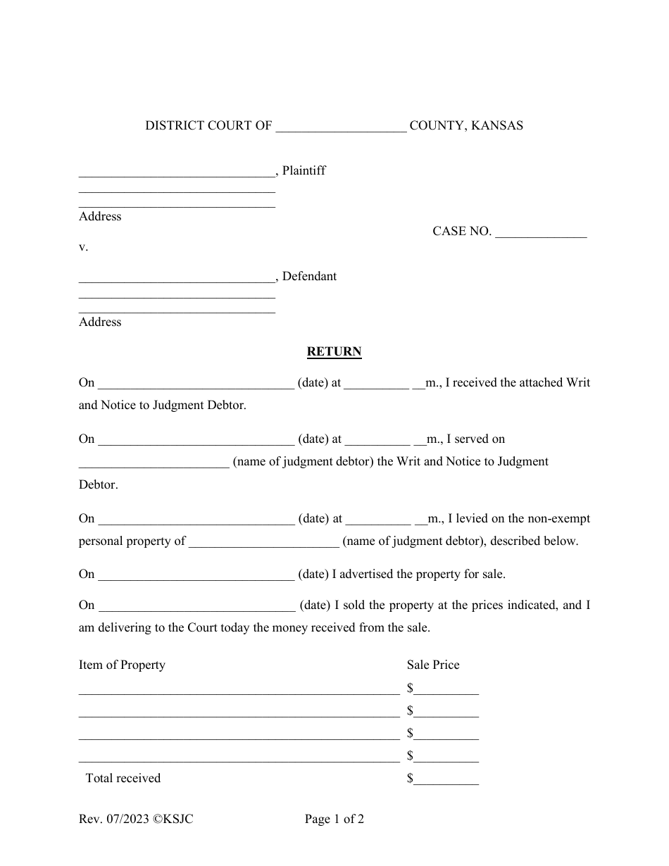 Writ of General Execution for Money Judgment - Kansas, Page 3