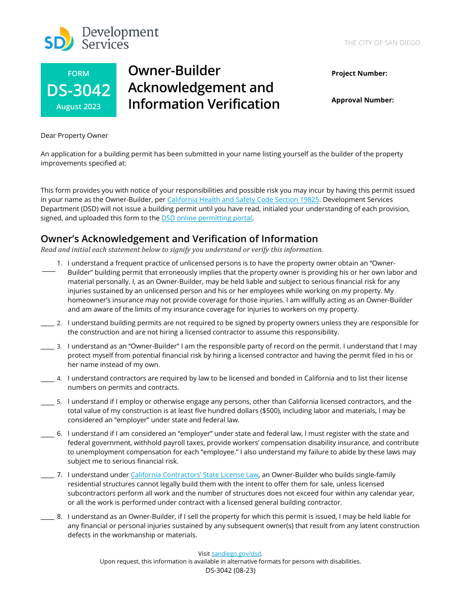 Form DS-3042 Owner-Builder Acknowledgement and Information Verification - City of San Diego, California, Page 1