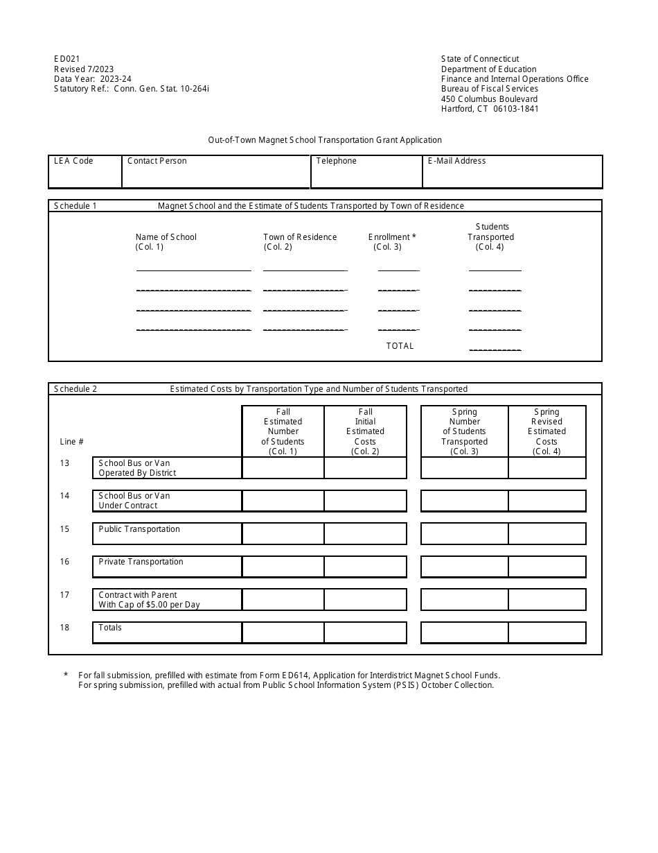 Form ED021 Out-Of-Town Magnet School Transportation Grant Application - Connecticut, Page 1