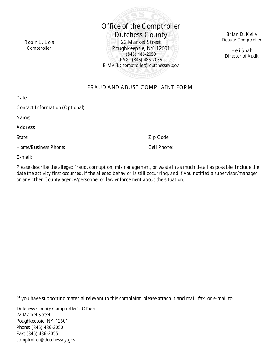 Fraud and Abuse Complaint Form - Dutchess County, New York, Page 1