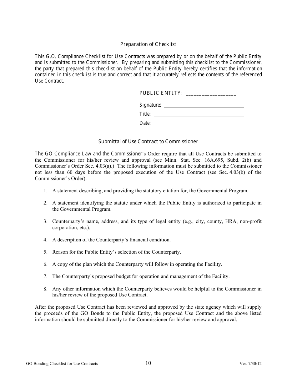 G. O. Compliance Checklist for Use Contracts - Minnesota, Page 10