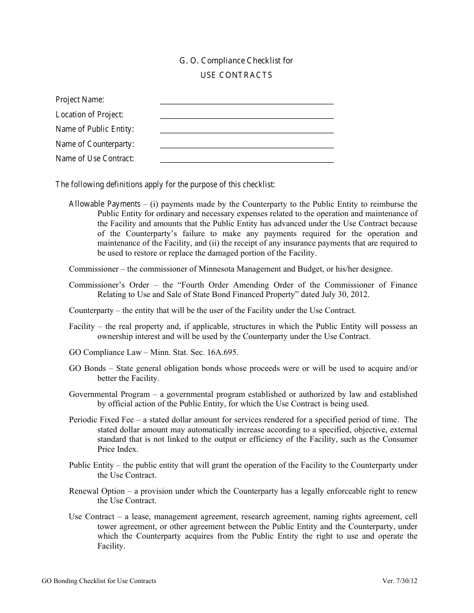 G. O. Compliance Checklist for Use Contracts - Minnesota, Page 1