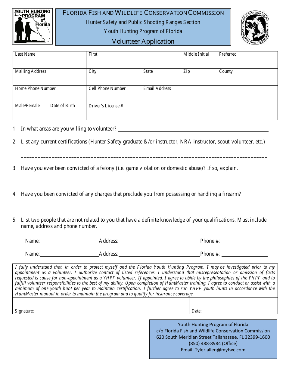 Florida Volunteer Application Youth Hunting Program of Florida Fill