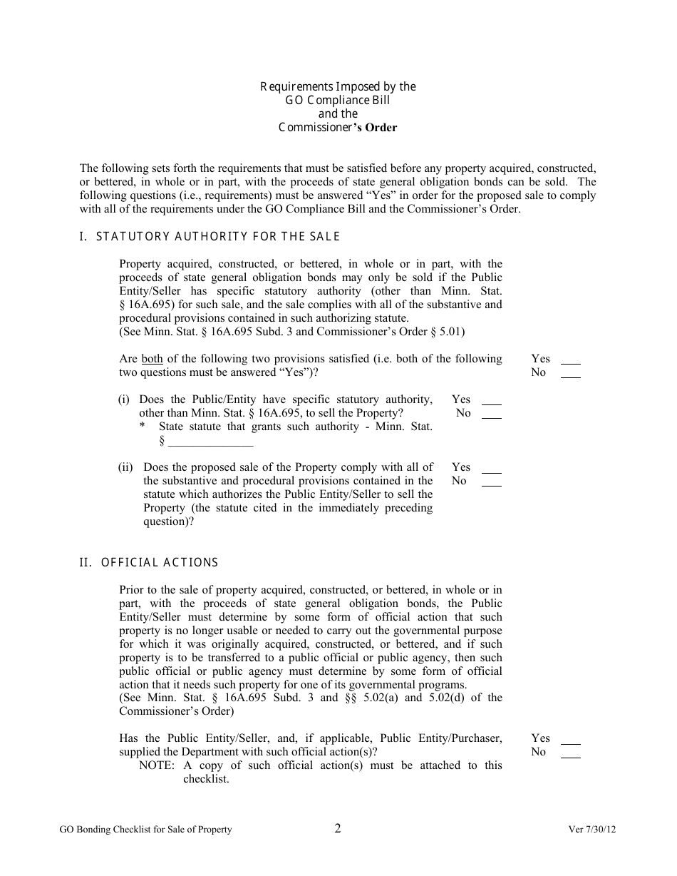 G. O. Compliance Checklist for Sale of G.o. Bond Financed Property - Minnesota, Page 2