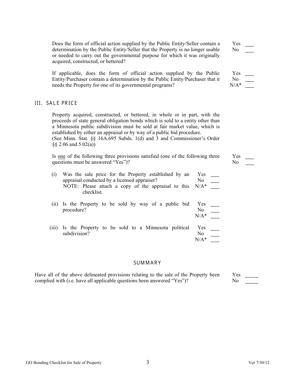 G. O. Compliance Checklist for Sale of G.o. Bond Financed Property - Minnesota, Page 3