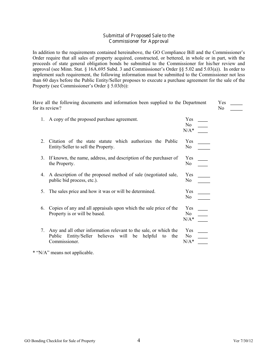 G. O. Compliance Checklist for Sale of G.o. Bond Financed Property - Minnesota, Page 4