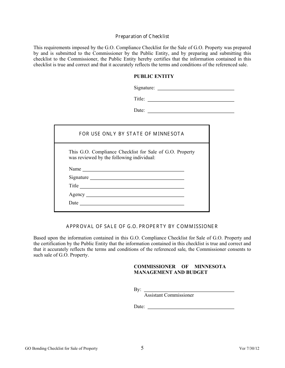 G. O. Compliance Checklist for Sale of G.o. Bond Financed Property - Minnesota, Page 5
