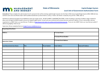 Document preview: Capital Budget System Local Unit of Government Authorization Form - Minnesota